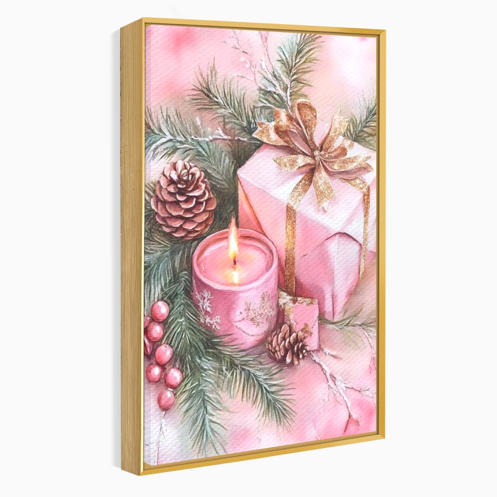 Tablou canvas cu ilustratie cu lumanare si cadou roz, in rama de aluminiu auriu